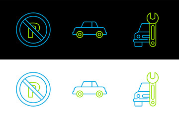 Set line Car service, No Parking or stopping and icon. Vector