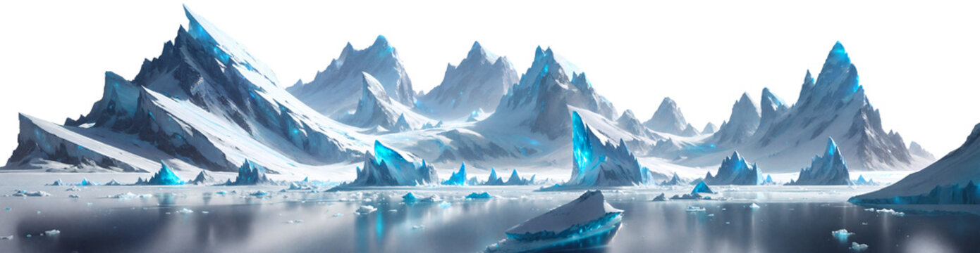 Ice snow cliffs, mountains, isolated on transparent background, png file, horizontal composition, large size, illustration. 