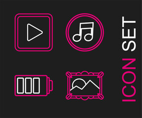 Set line Picture landscape, Battery charge level indicator, Music note, tone and Play square icon. Vector