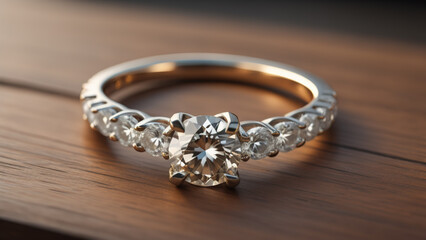 Diamond Ring on Wooden Background. Generative AI