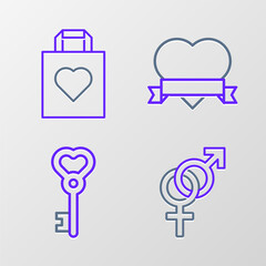 Set line Gender, Key in heart shape, Heart and ribbon and Shopping bag with icon. Vector