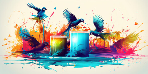 Surreal tropical birds with fancy drinks, colorful sunny vacation, abstract palm trees as a glamorous splash of colorful paint. Created using Generative AI technology.
