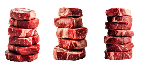 Raw meat, steaks, isolated, png, set