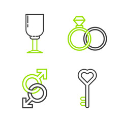 Set line Key in heart shape, Male gender symbol, Wedding rings and Wine glass icon. Vector