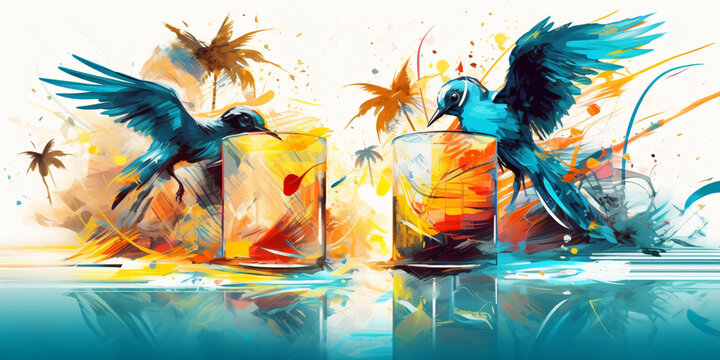Surreal blue birds with fancy colorful drinks, tropical sunny vacation, abstract palm trees as a glamorous splash of colorful paint. Created using Generative AI technology.