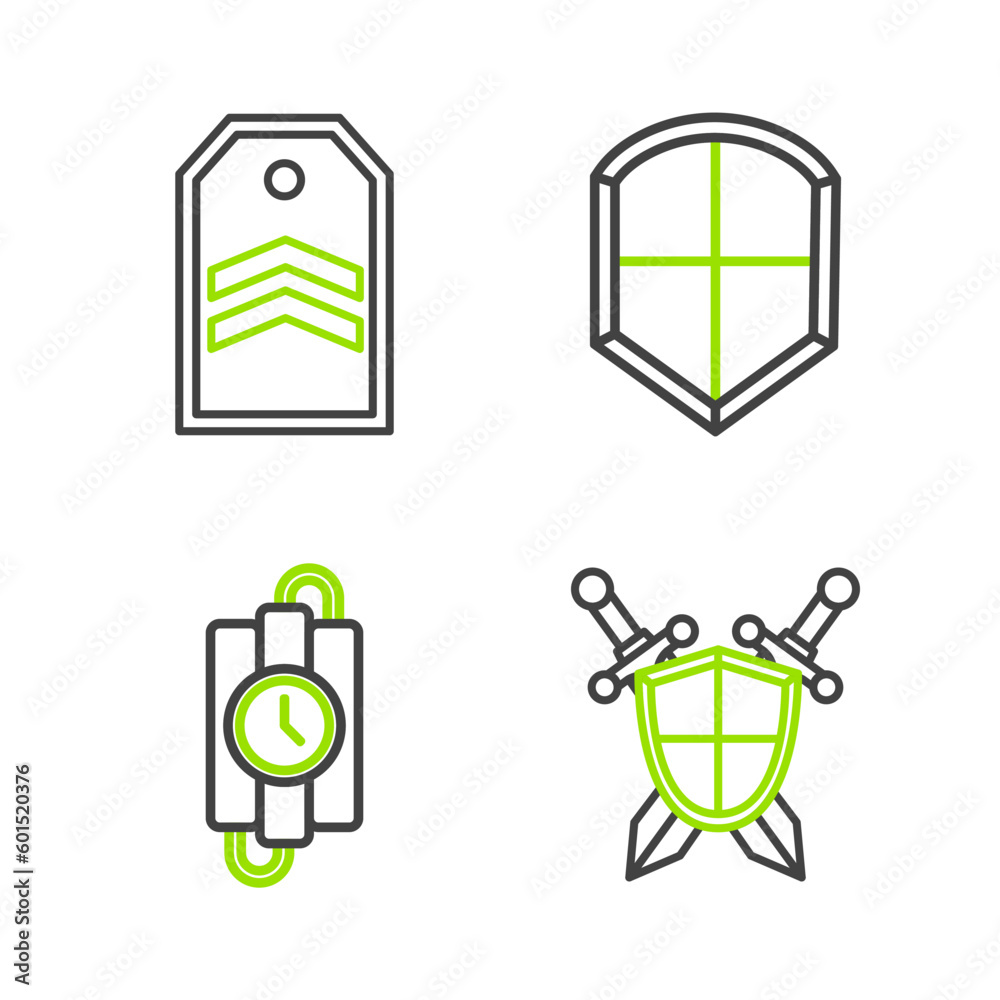 Wall mural Set line Medieval shield with crossed swords, dynamite stick and timer clock, Shield and Chevron icon. Vector