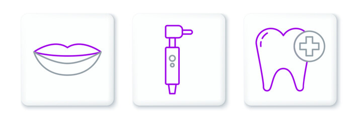 Set line Tooth, Smiling lips and drill icon. Vector