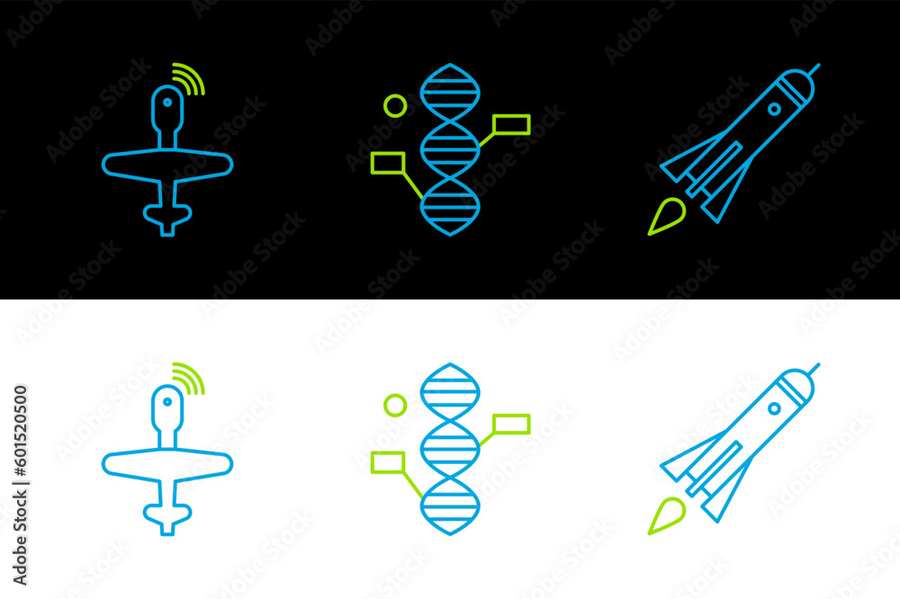 Poster set line rocket ship with fire, uav drone and dna symbol icon. vector