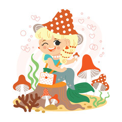 Cute Cartoon Mermaid with mushroom vector illustration