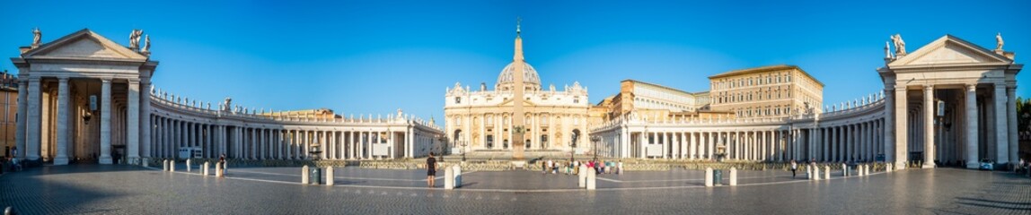 Panoramic view of Saint Peter's Basilica and square in morning light. Vatican, Italy