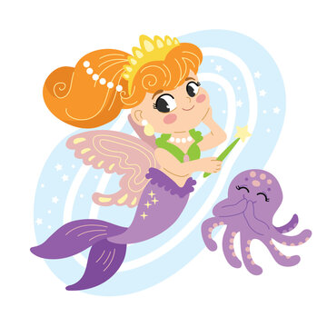 Cute Cartoon Mermaid fairy and octopus vector illustration
