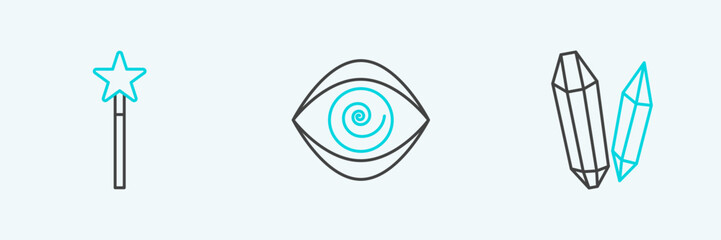 Set line Magic stone, wand and Hypnosis icon. Vector