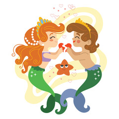 Two mermaids falling in love vector illustration