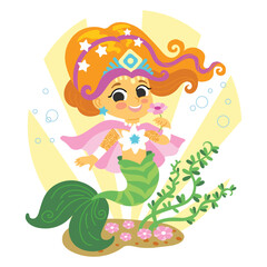 Pretty and cute cartoon mermaid vector illustration