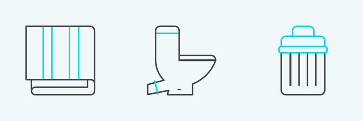 Set line Trash can, Towel stack and Toilet bowl icon. Vector