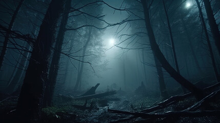 A Rift in Space In The Middle Of A Haunted Forest at Night Mist Fog Lens Flares AI Generative