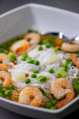 soup with shrimps, vegetables and rice nooodles