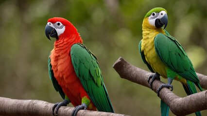 Fototapeta premium closeup of two tropical parrots sitting on tree, generative AI