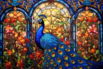 A peacock looks to the left shaped like a stained glass church window, colourful (Generative AI, Generativ, KI) - obrazy, fototapety, plakaty