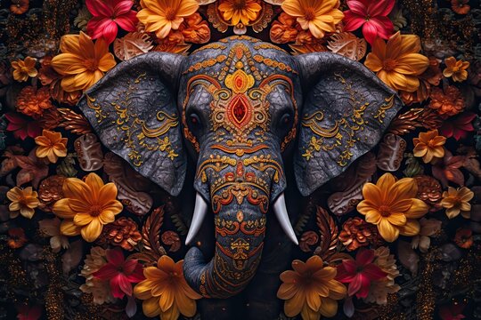 An Indian mandala with an elephant in the center surrounded by flowers in shades of red and yellow (Generative AI, Generativ, KI)