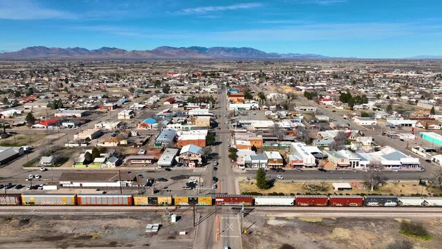 Aerial view of Willcox on Railroad Avenue at W Maley Street in historic city center of Willcox, Arizona AZ, USA. 