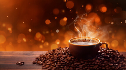 Cup of black coffee on background with roasted coffee beans,  Created using generative AI tools.