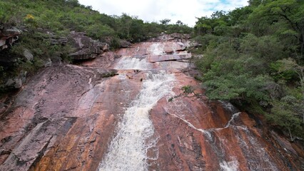 Looking over waterfalls and bedrock towards the top, in Chapada Diamantina.