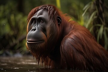 Bornean orangutan (Pongo pygmaeus wurmbii) in the wild nature. Rainforest of Island Borneo. Indonesia. AI Generated