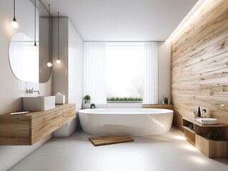 Naklejka na ściany i meble illustrazione di sala da bagno di legno e marmo con dettagli minimalisti , vasca da bagno e piante, creata con intelligenza artificiale