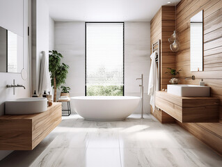 illustrazione di sala da bagno di legno e marmo con dettagli minimalisti , vasca da bagno e piante, creata con intelligenza artificiale - obrazy, fototapety, plakaty