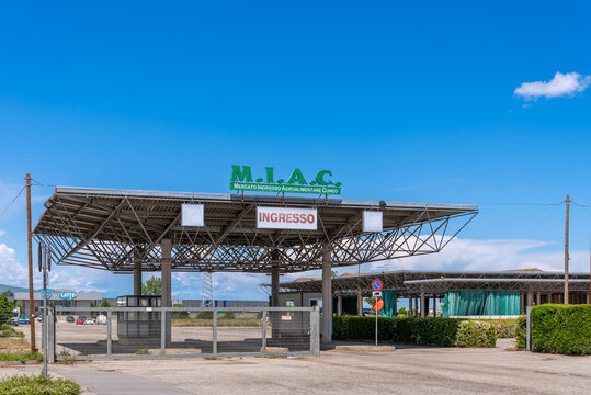 Cuneo, Piedmont, Italy - May 11, 2023: Large canopy of the entrance to the M.I.A.C. Mercato Ingrosso Agroalimentare Cuneo  (Agribusiness Wholesale Market Cuneo) in hamlet of Ronchi