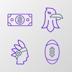 Set line American Football ball, Native Indian, Eagle and Stacks paper money cash icon. Vector