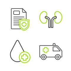 Set line Ambulance car, Donate drop blood, Human kidneys and Patient record icon. Vector