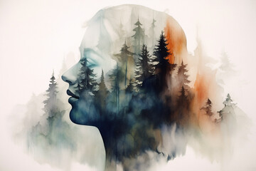 A painting of a woman's face with trees in the background. Generative AI.