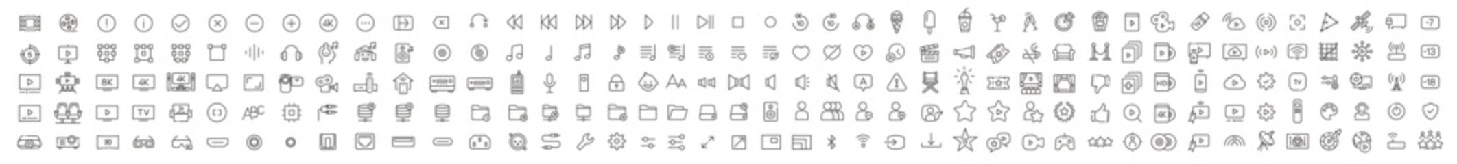 210 home cinema vector icon pack with projectors, screens, popcorn, screens, sound systems, and more. Ideal for modern digital and print media projects.