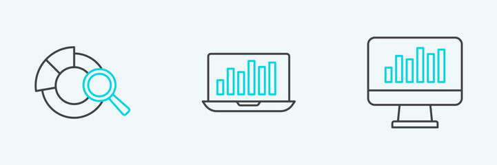 Set line Monitor with graph chart, Search data analysis and Laptop icon. Vector