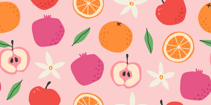 Vector seamless patterns with fruits and flowers. Trendy hand drawn texture. Contemporary collage. Modern abstract design for paper, cover, fabric.