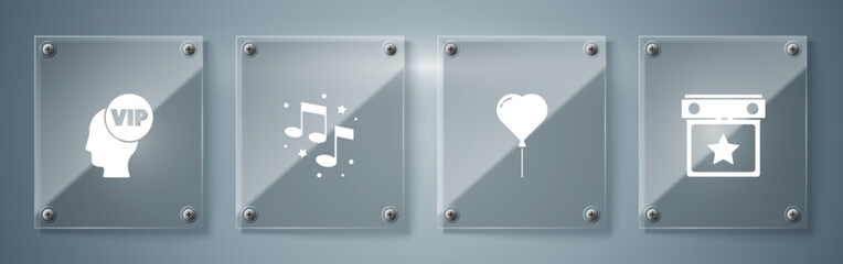 Set Calendar party, Balloon in form of heart, Music note, tone and Vip inside head. Square glass panels. Vector