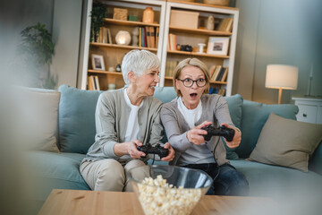 Two senior women caucasian friends or sisters play console video game