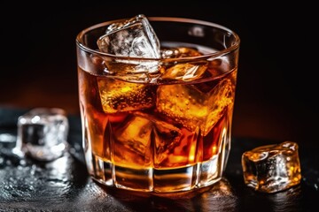 Glass of cold drink, cola with ice cubes, cocktail, generative ai