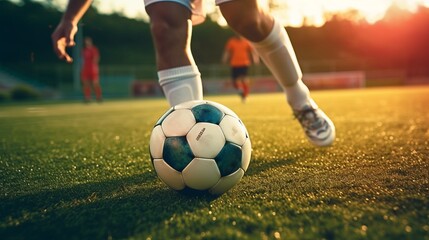 Legs shot of soccer player training in sports field. Generative AI