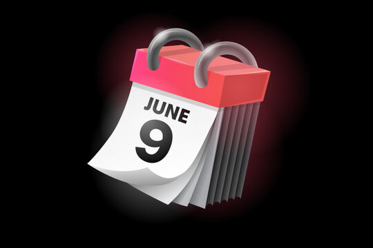 June 9 3d calendar icon with date isolated on black background. Can be used in isolation on any design.