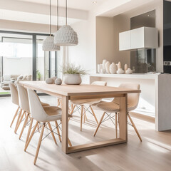 Stylish interior of dining room with design craft wooden table, chairs elegant accessories with modern home decor. Generative AI
