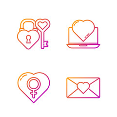 Set line Envelope with 8 March, Female gender in heart, Castle and key in heart shape and Online dating app and chat. Gradient color icons. Vector