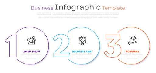 Set line House, Life insurance with shield and hand. Business infographic template. Vector