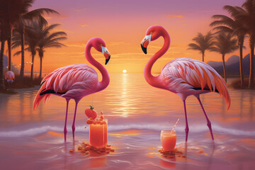 Flamingos on the beach during sunset, surrounded by waves and drinks. Generative AI