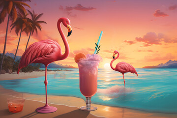 Fototapeta na wymiar Flamingos on the beach during sunset, surrounded by waves and drinks. Generative AI