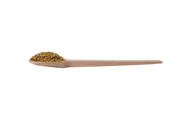 dried flowers of black lilac or black elder in latin sambuci flos on wooden spoon isolated on white background.  Herbs. Alternative medicine.