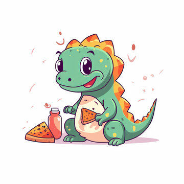 Happy Dino Eating a Slice of Pizza