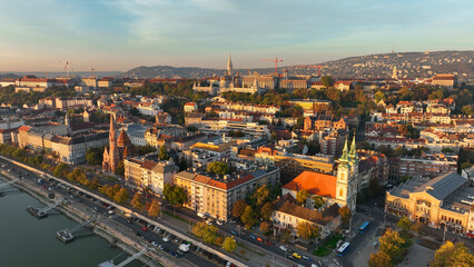 Aerial view of Budapest city skyline at sunrise, Hungary
